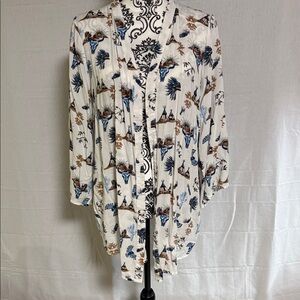 White Boho Printed Open Kimono Cardigan - Blue & Brown Accents Skulls Cactus